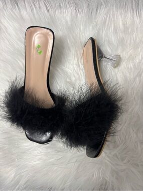 Black Feather Trim Slip-On Heels with Clear Block Heel